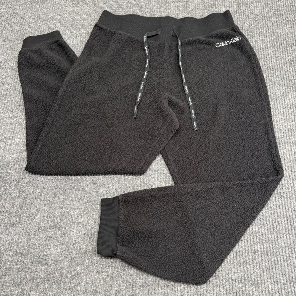 Calvin Klein Womens Black Fleece Jogger Sweatpants L Drawstring Sleep‎ Lounge